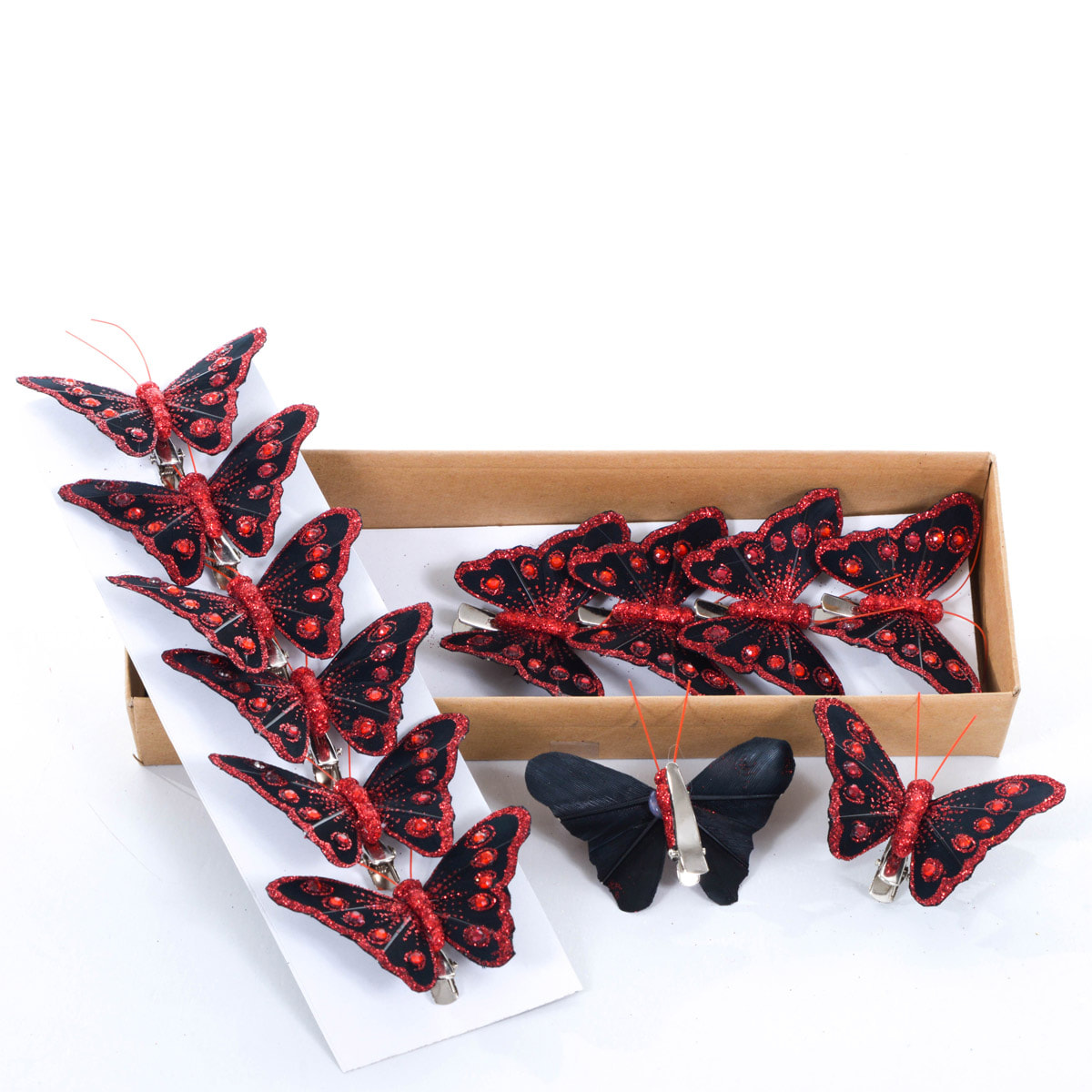 Farfalle Natalizie Con Clip, 12 Pezzi. Altezza 10 Cm - Pezzi 3 - 22X3,7X9,5cm - Colore: Rosso - Bianchi Dino - Articoli Natalizi