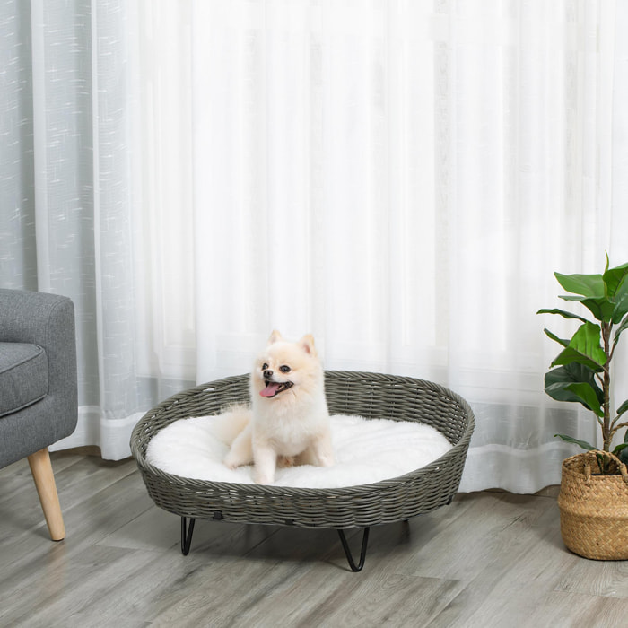 Cama para Perros Gatos de Mimbre Cesta Ratán para Mascotas Medianas Pequeñas con Cojín Lavable y Patas Elevadas de Acero 76x59x32 cm Gris y Blanco