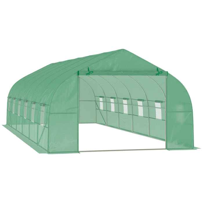 Serre tunnel grande taille 24 m² châssis tubulaire acier galvanisé renforcé 2,4 cm 12 fenêtres 1 porte vert