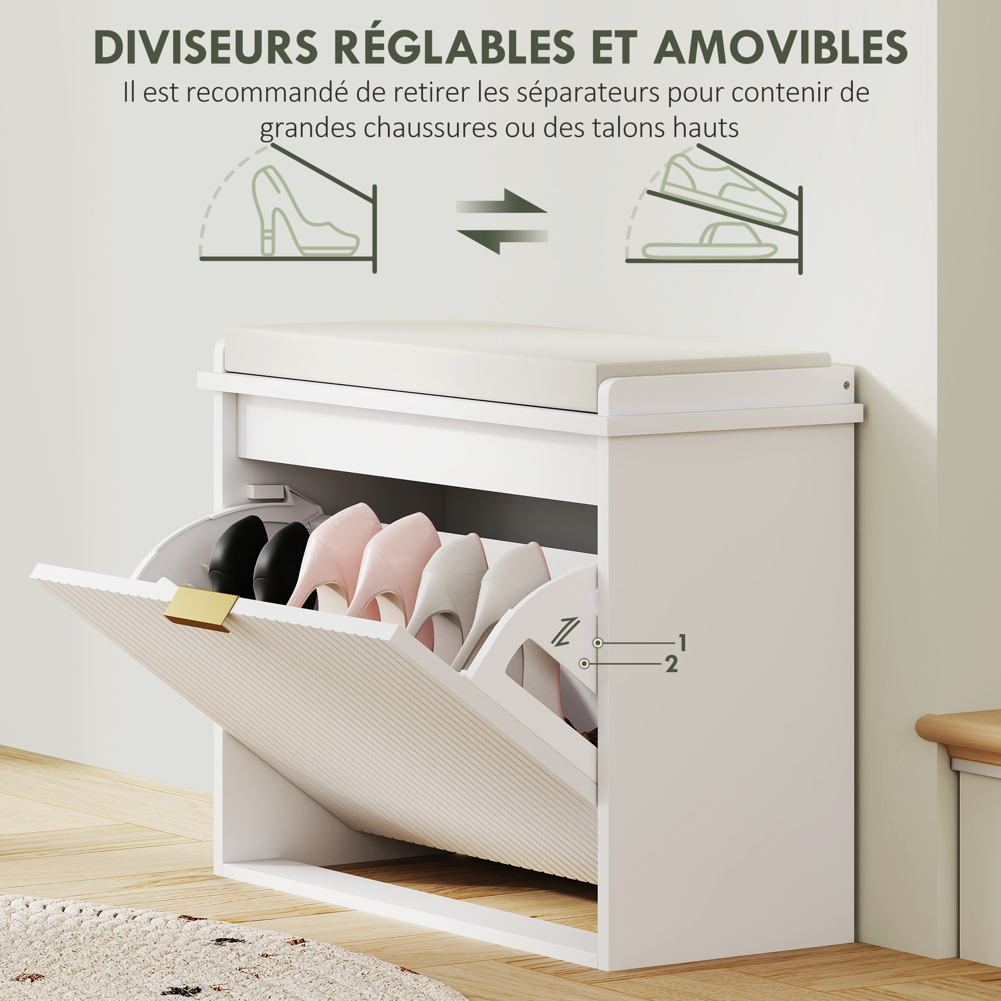 Banc à chaussures compact meuble à chaussures avec banquette design effet cannelé poignée doré