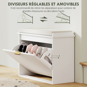 Banc à chaussures compact meuble à chaussures avec banquette design effet cannelé poignée doré