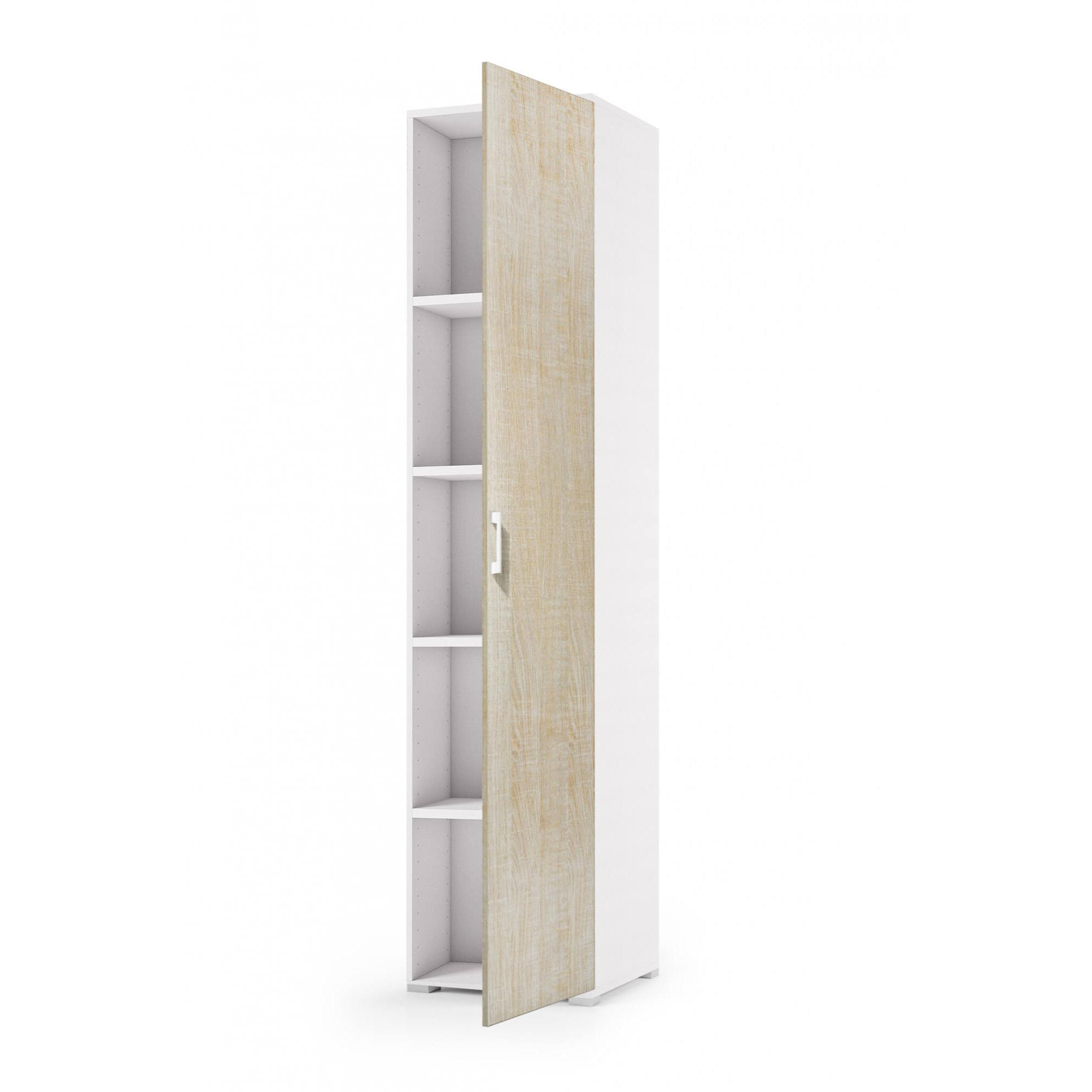 Armadio multiuso Aquilegia, Mobile lineare a 1 Anta battenti e 4 ripiani regolabili, Mobile a colonna per bagno, 100% Made in Italy, Cm 45x45h195, Rovere e Bianco