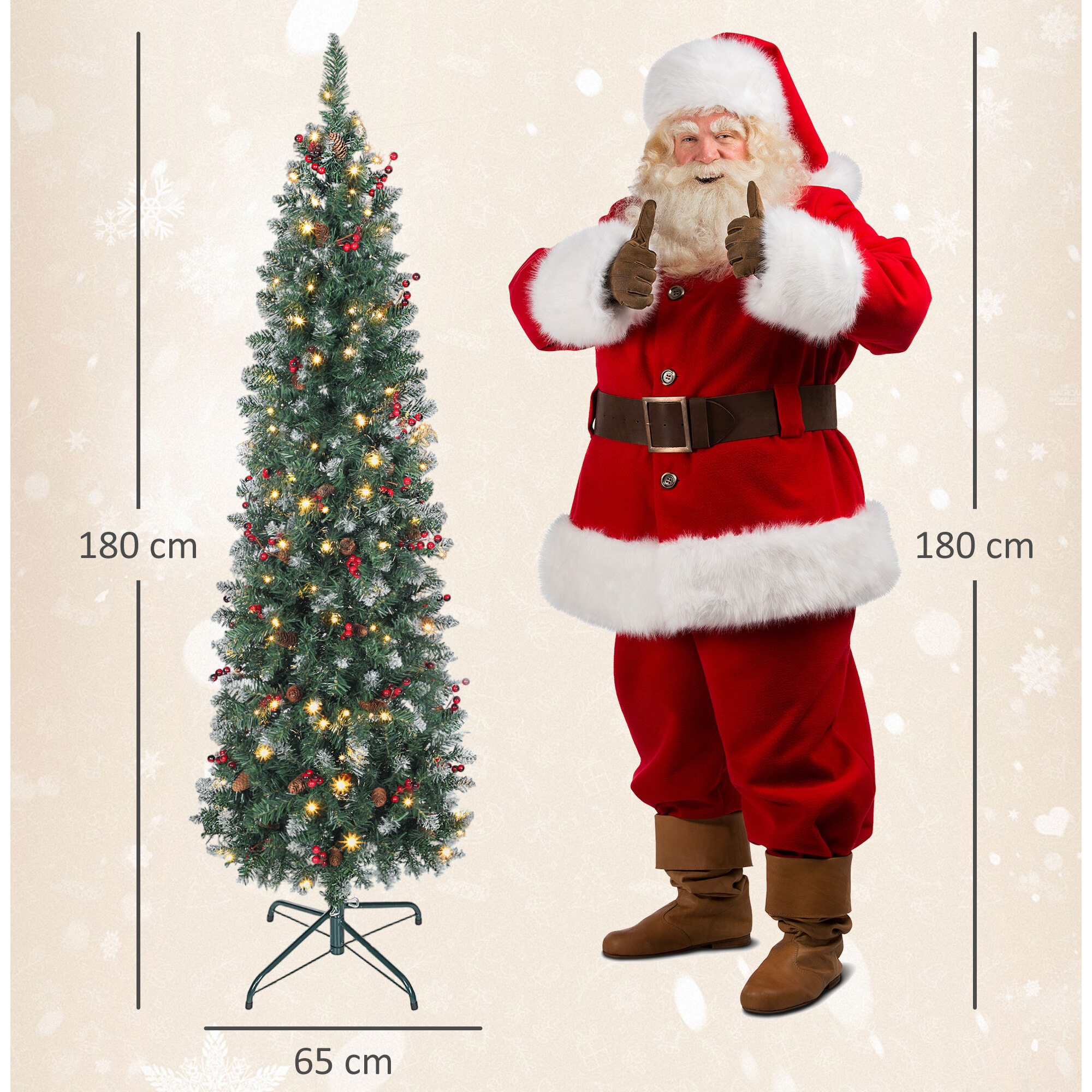 Árbol de Navidad Estrecho 180 cm, Árbol de Navidad Artificial con Luces LED Blanca Cálida, 8 Modos de Iluminación, 461 Ramas con Purpurina Plateada, Piñas, Bayas y Soporte Metálico, Verde