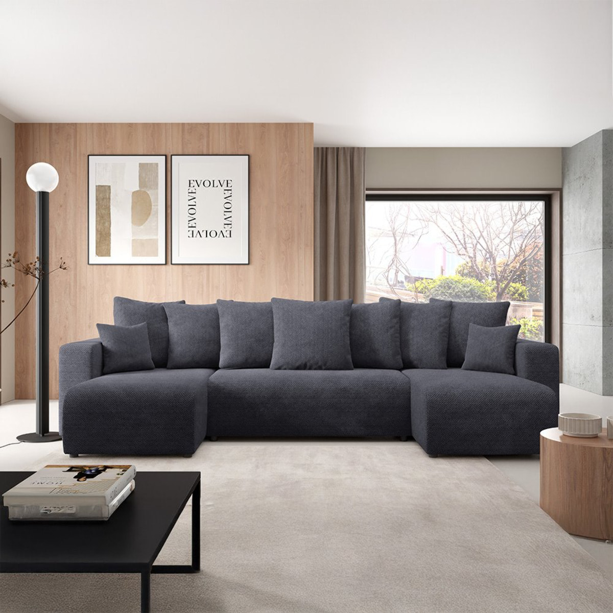 GLORIA - Canapé panoramique 6 places en tissu noir