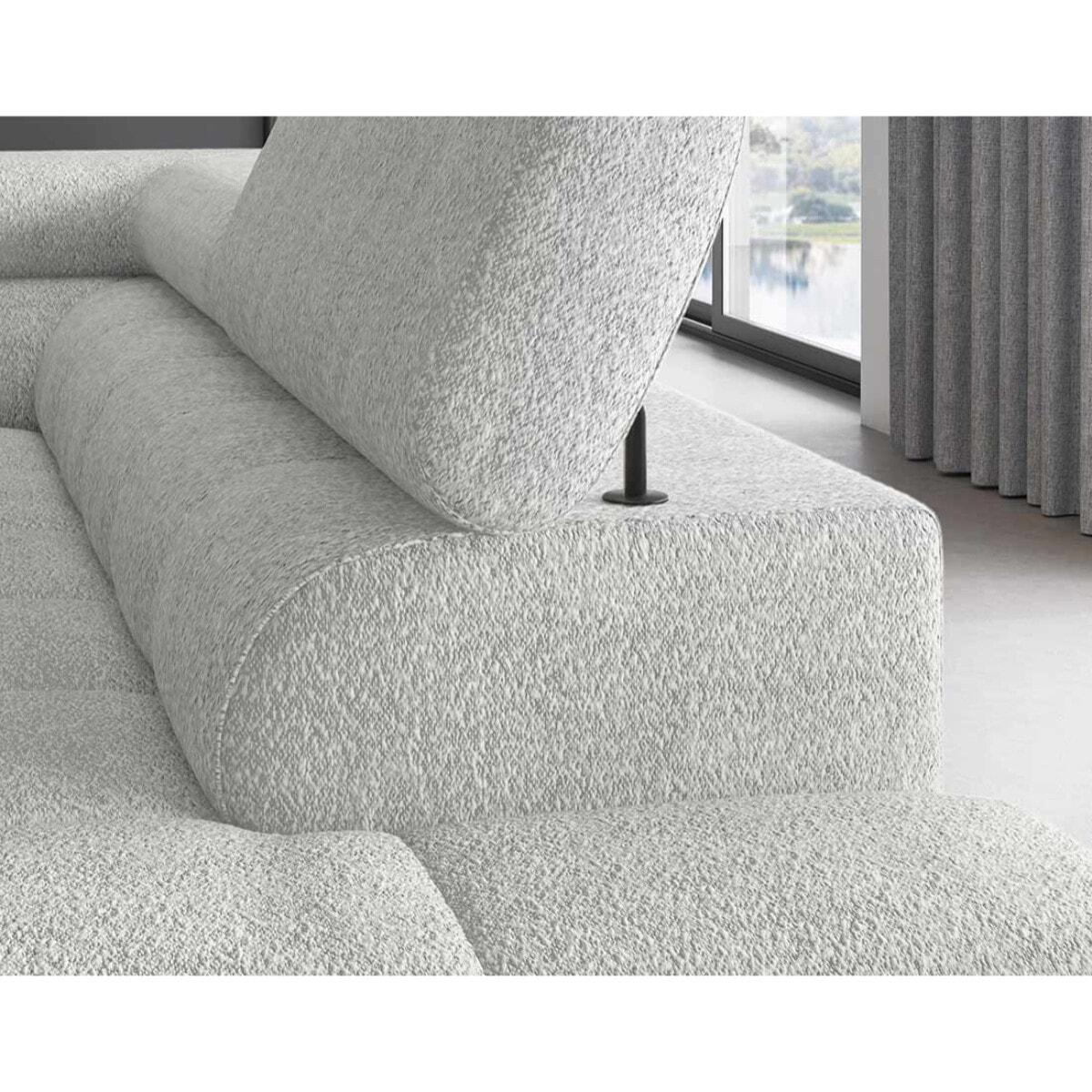 Elisa - canapé d'angle droit 5 places convertible avec coffre et têtières réglables en tissu bouclette - Gris clair