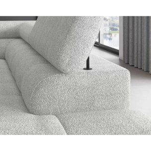 Elisa - canapé d'angle droit 5 places convertible avec coffre et têtières réglables en tissu bouclette - Gris clair