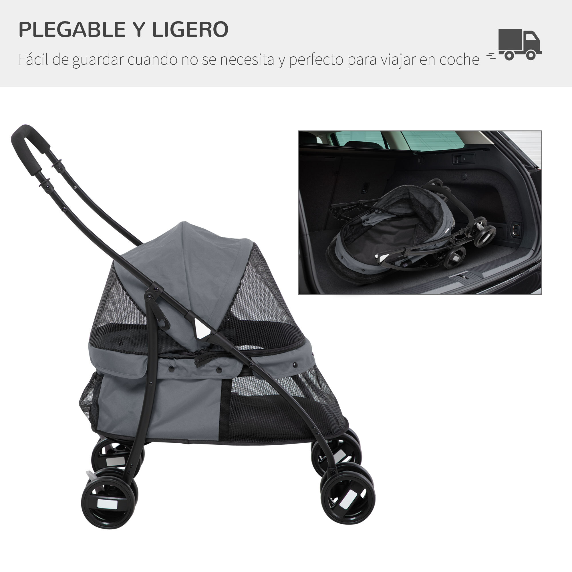 Cochecito para Mascotas Plegable Carrito para Perros y Gatos con Ventanas de Malla Cojín Lavable Correas de Seguridad Cubierta de Tela Oxford y Marco de Acero 82x47x97 cm Gris