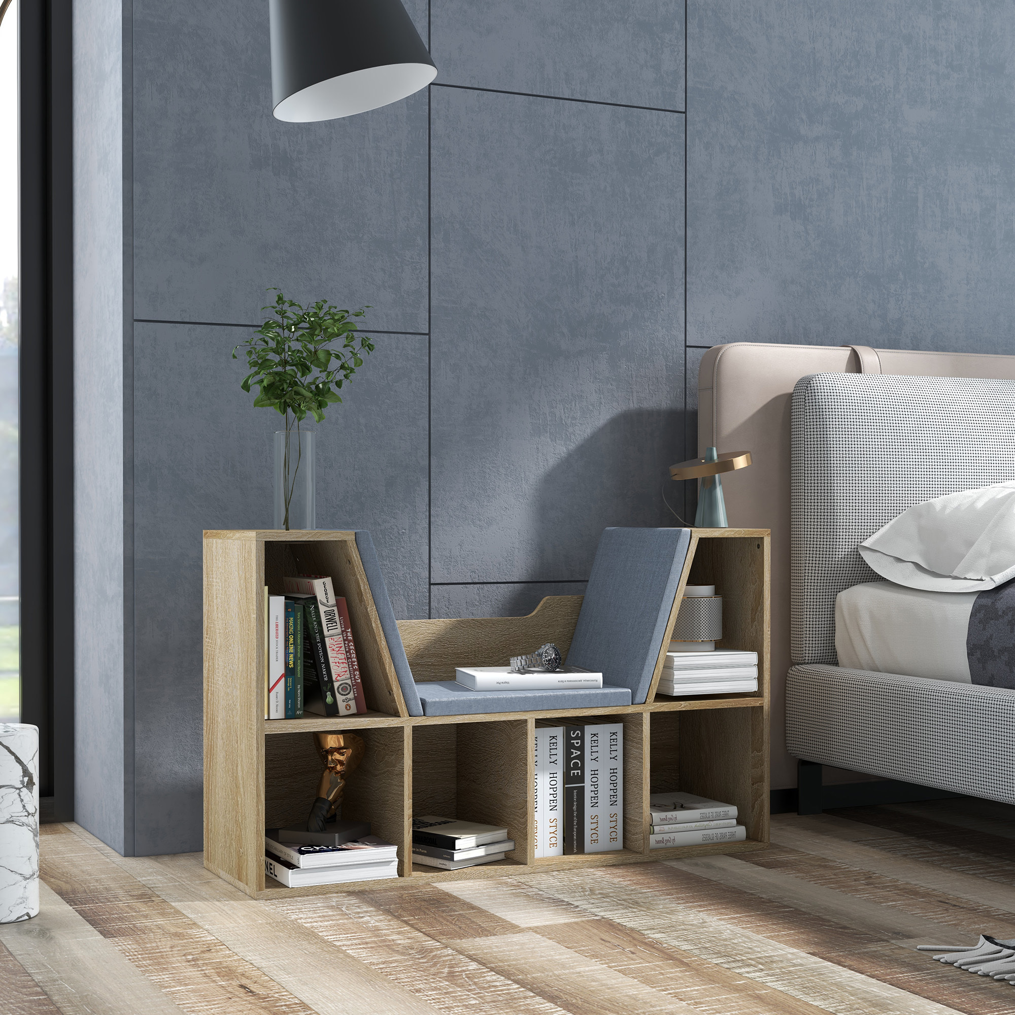 Librería con Asiento Estantería de Libros con 6 Cubos Zapatero con Banco con Cojín Multiusos para Sala de Estar Oficina Dormitorio 102x30x61cm Roble y Gris