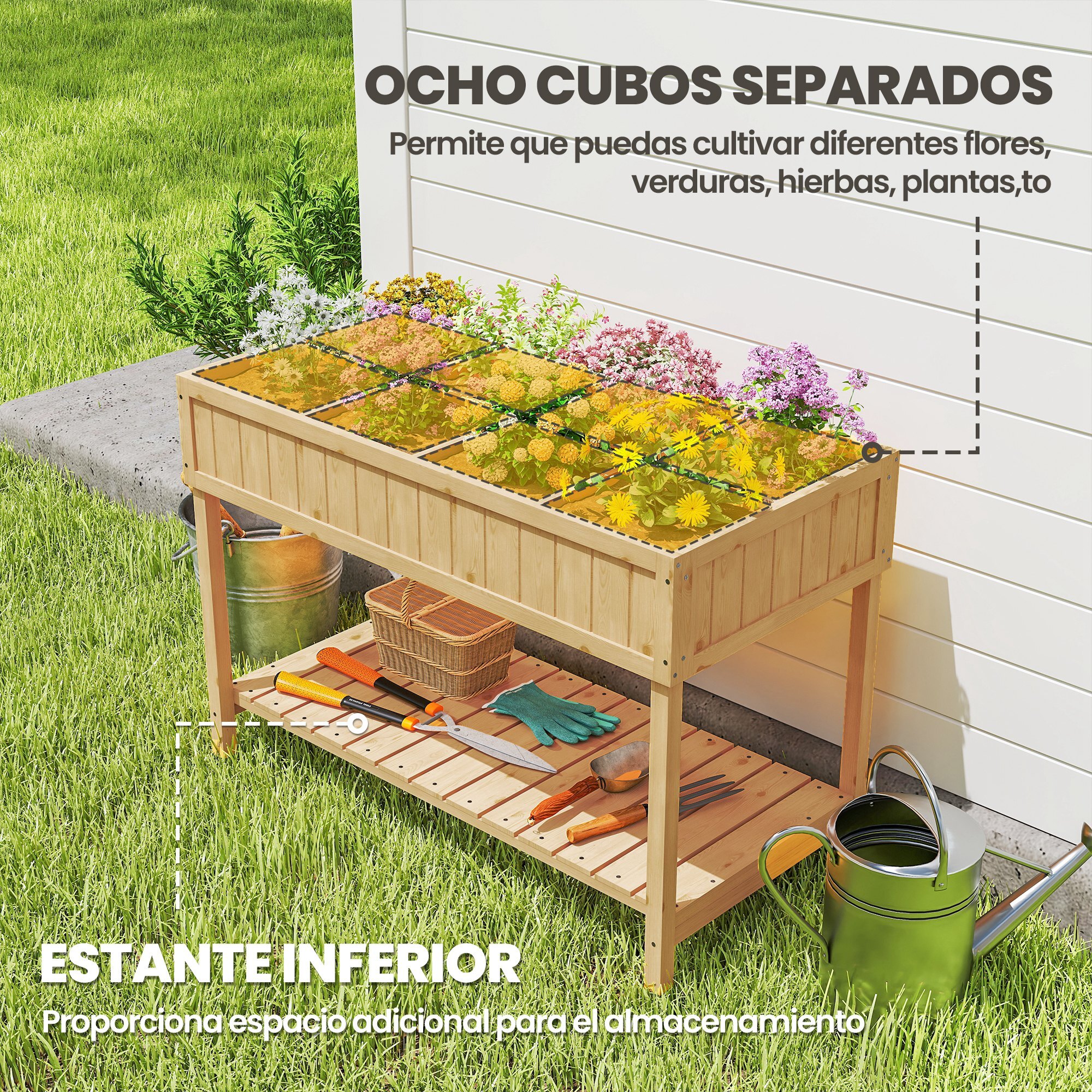 Huerto Urbano de Madera, Mesa de Cultivo con Estante Inferior, Jardinera Elevada para Cultivo, Plantas, Flores y Verduras, 110x46x76 cm, Natural