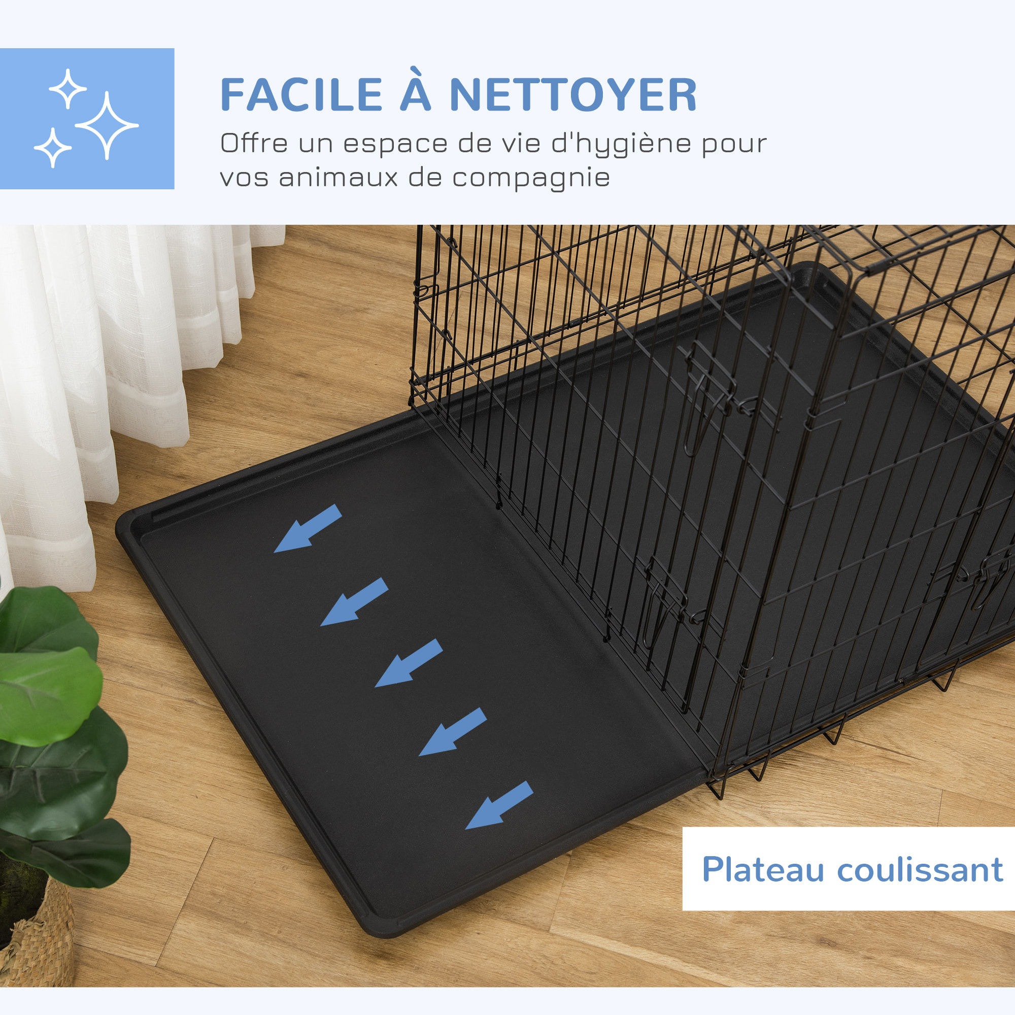 Cage de transport pour chien pliable - 2 portes verrouillables - plateau amovible - dim. 121L x 77l x 82H cm - acier ABS noir