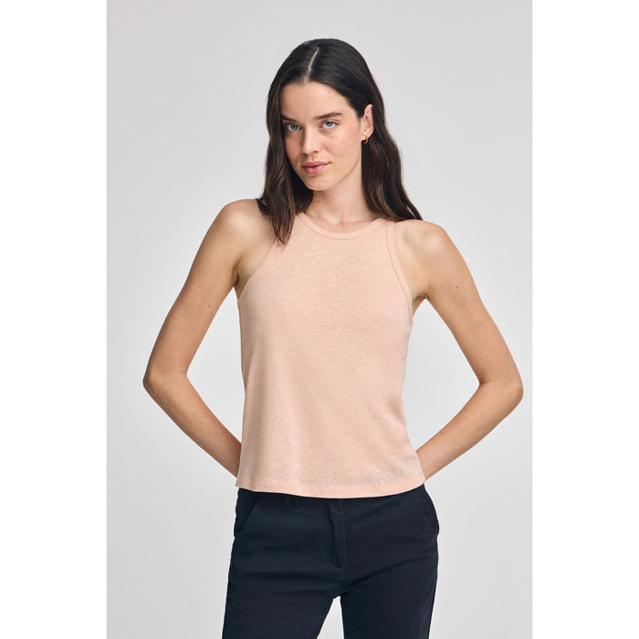 Camiseta color maquillaje de lino y algodón con monograma bordado