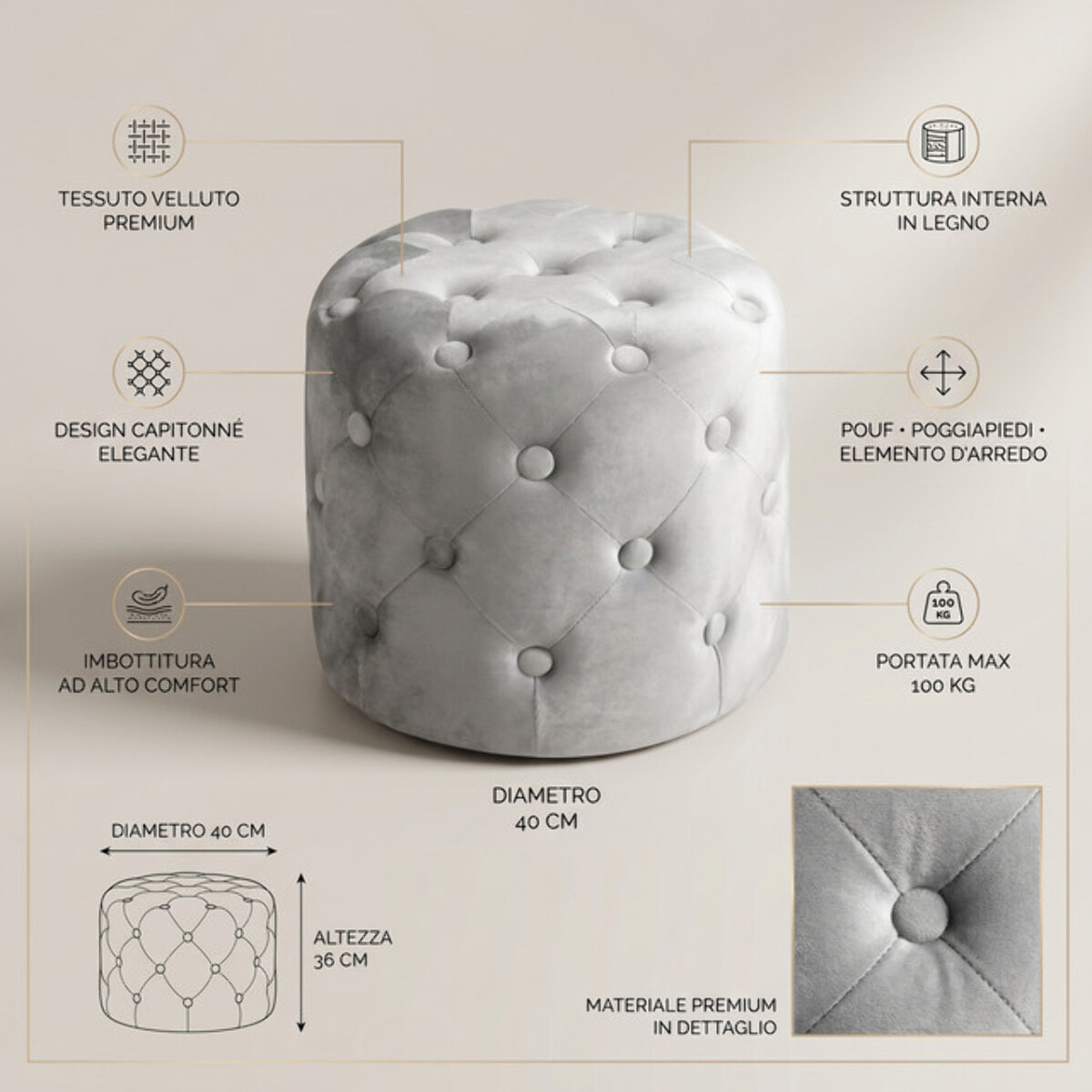 Pouf Poggiapiedi in Velluto Capitonné, Pouf Contenitore Design Moderno, Seduta Imbottita Multiuso per Soggiorno Camera da Letto Living, Complemento d’Arredo Elegante Stile Contemporaneo