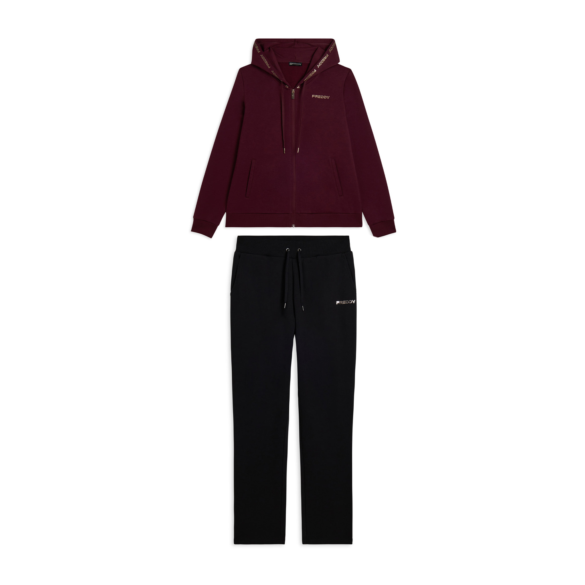 Tuta con cappuccio decorato da logo dorato a contrasto