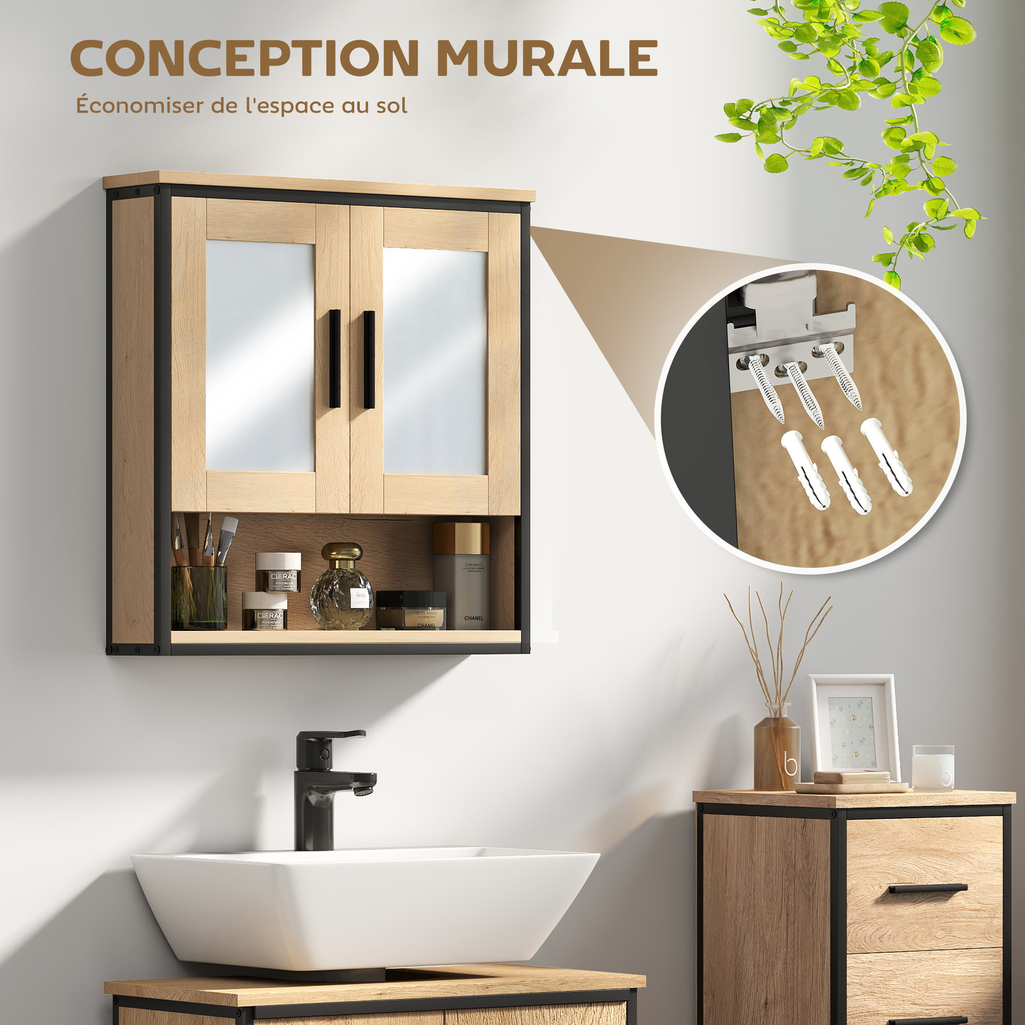 Armoire miroir murale salle de bain - 2 portes, étagère, niche - acier noir effet bois