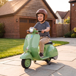 Moto Eléctrica para Niños Licencia VESPA 6V, Moto Eléctrica Infantil con Arranque Suave, Ruedines Desmontables, Luz Delantera, Música, Bocina, USB, Avance, Atrás, para Niños de +3 Años, Verde