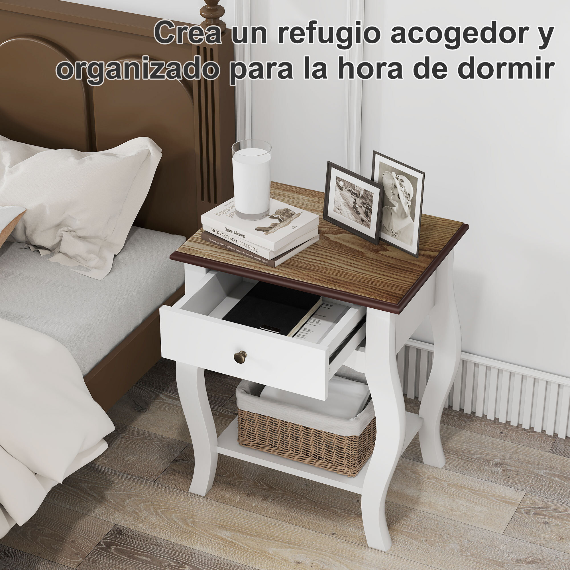 Pack de 2 Mesitas de Noche Mesillas de Noche Dormitorio con Cajón Estante Abierto y Tapa Efecto Roble Estilo Francés para Salón 45x35x55 cm Blanco y Roble