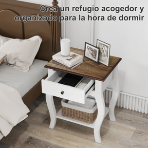 Pack de 2 Mesitas de Noche Mesillas de Noche Dormitorio con Cajón Estante Abierto y Tapa Efecto Roble Estilo Francés para Salón 45x35x55 cm Blanco y Roble