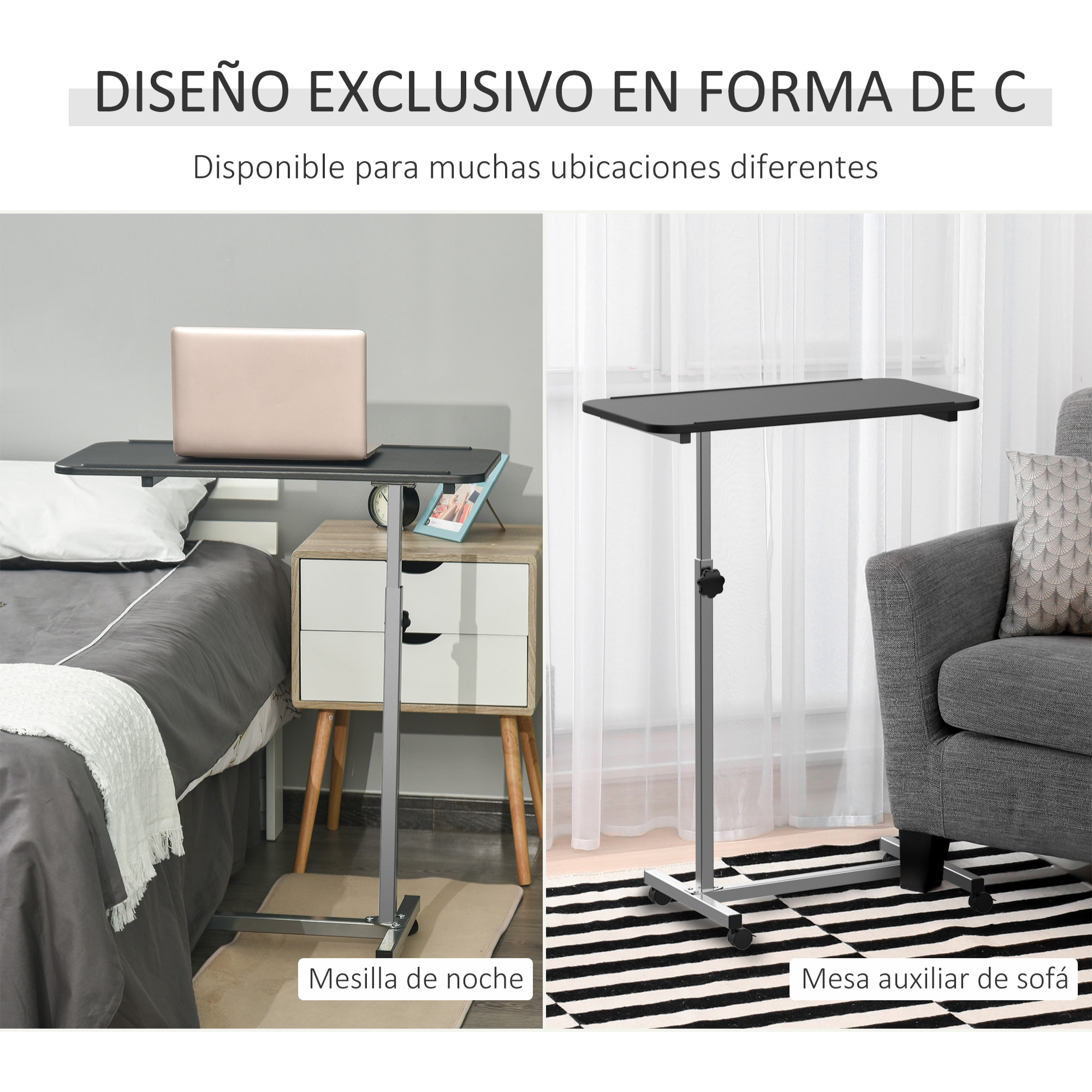 Mesa Auxiliar con Ruedas Mesa para Sofá con Altura Ajustable y Marco de Metal Carga 20 kg para Dormitorio Salón Oficina 77x40x76-100 cm Negro y Plata