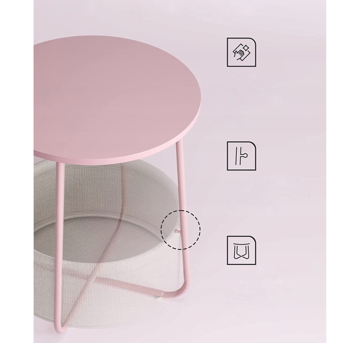 Tavolino rotondo moderno rosa pastello con cesto portaoggetti