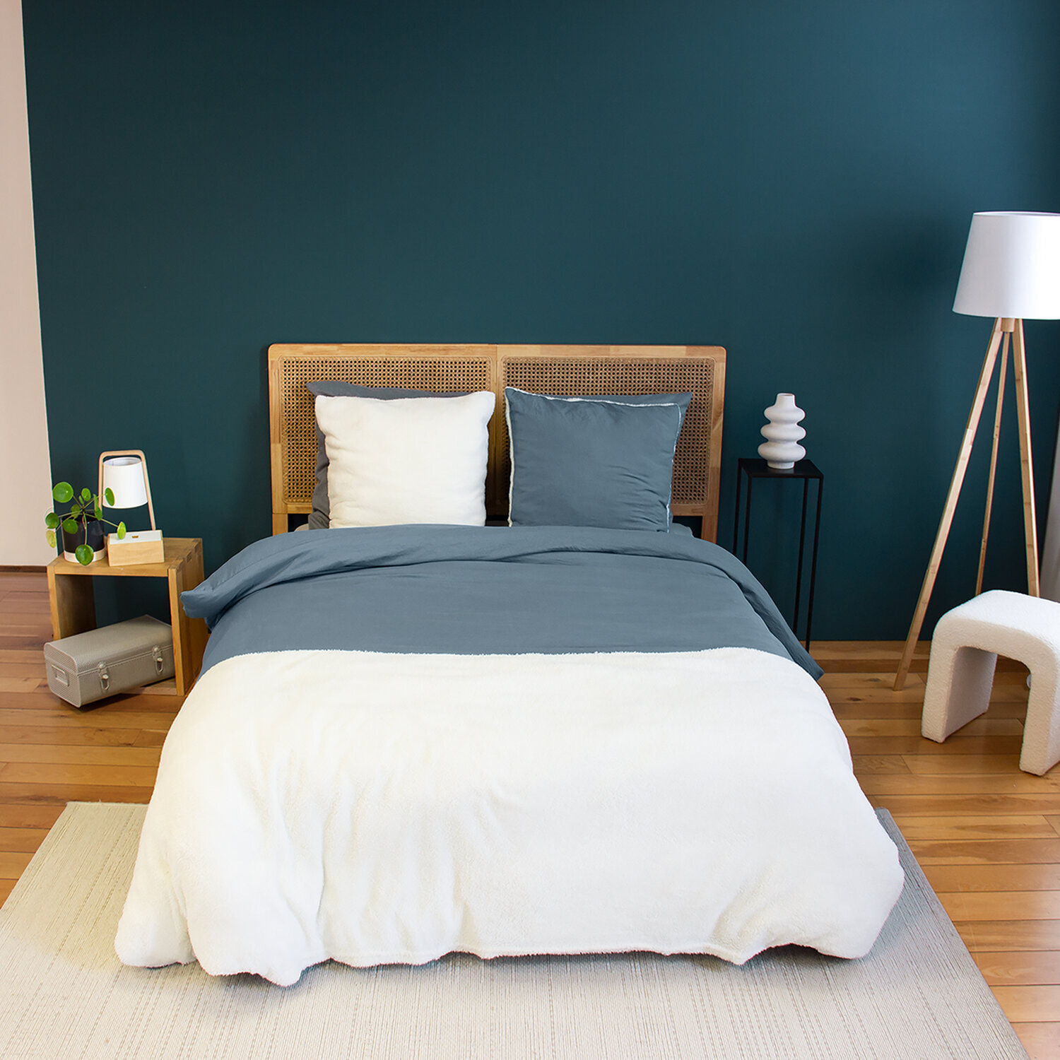 Parure housse de couette 3PCS en MICROFIBRE LAVEE, SHERPA - BLEU