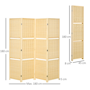 Biombo de 4 Piezas de Bambú Biombo Separador de Ambientes Plegable con 2 Estantes Extraíbles Divisor de Habitaciones Dormitorio 180x180 cm Natural