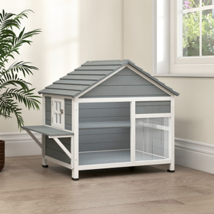 Niche maison pour chat bois - fenêtre verrouillable, étagères, portes, toit ouvrant - blanc gris