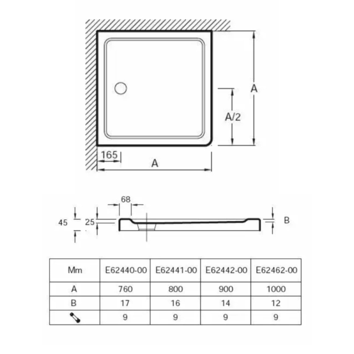 Receveur de douche 80 x 80 cm Flight carré blanc avec bonde horizontale chromé