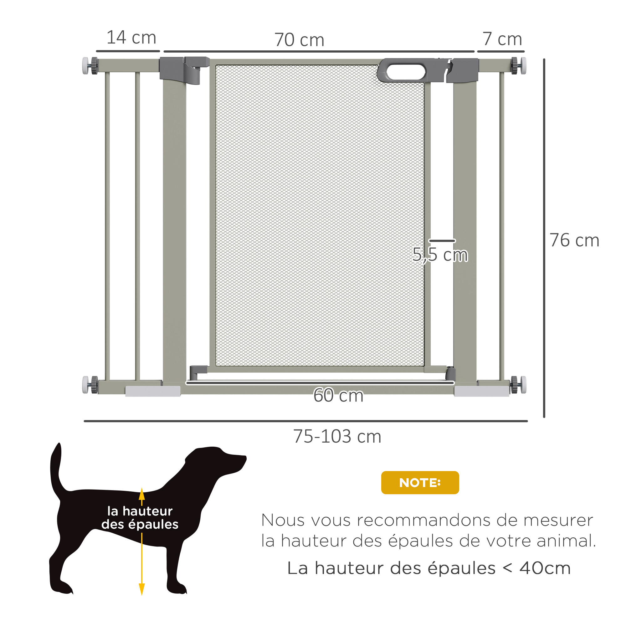 Barrière de sécurité animaux - longueur réglable dim. 75-103 cm - porte double verrouillage, ouverture double sens -sans perçage - acier ABS gris