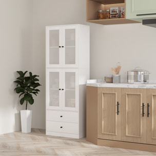 Alacena de Cocina Alta, Mueble Auxiliar de Cocina, con 4 Puertas de Vidrio, 2 Cajones, Estantes Ajustables, 59x30x170 cm, Blanco