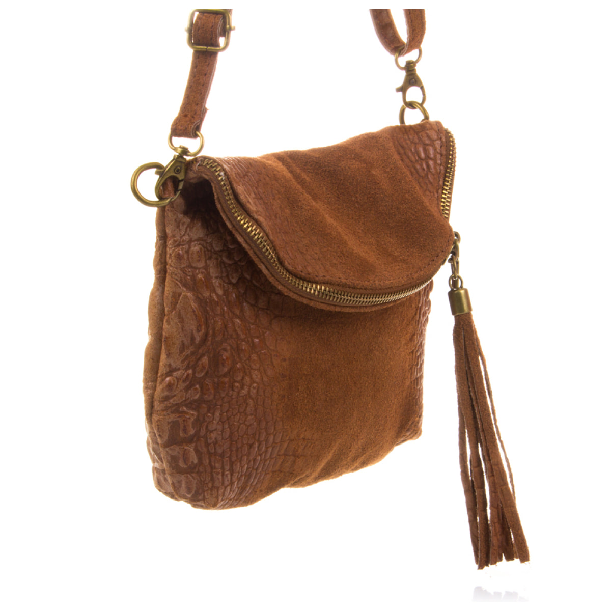 Cenerente Bolso bandolera Mujer.Piel auténtica Gamuza Grabado Cocodrilo