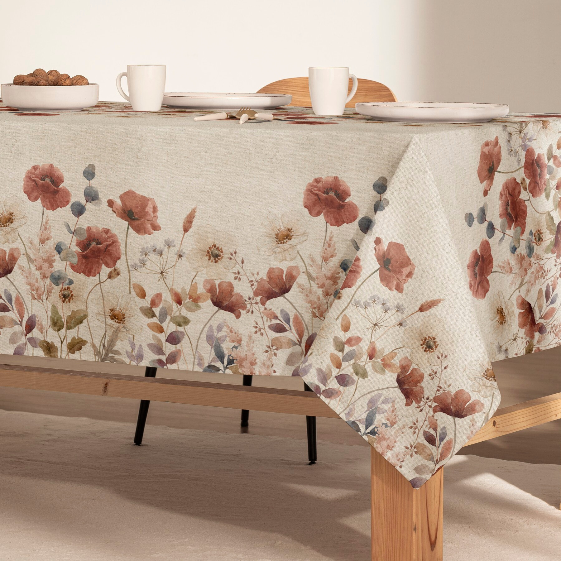 Nappe imprimée anti-tâches COQUELICOT NATUREL