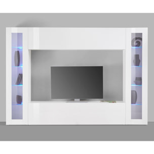 Parete attrezzata da soggiorno, Made in Italy, Base porta TV e pensili e scaffali, Set salotto moderno, cm 260x30h180, colore Bianco lucido, con luce LED blu e due vetrine