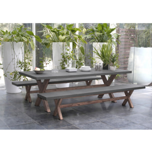 HANS - SALON DE JARDIN EN FIBRE DE BETON ET ACACIA 8 pers - Ensemble jardin - 1 Table rectangulaire 200*100 cm et 2 bancs