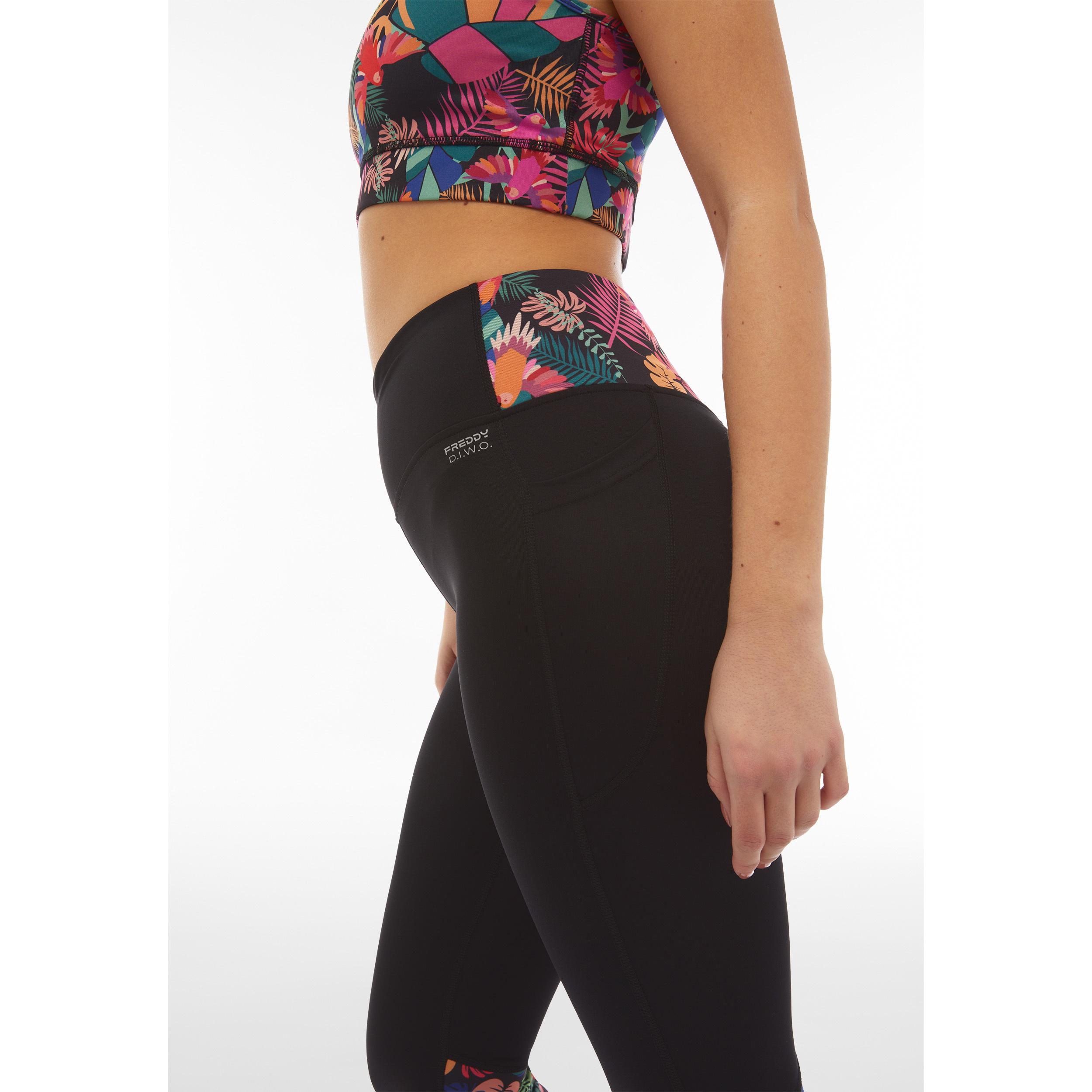 Leggings corsaro vita alta con inserti stampa tropicale