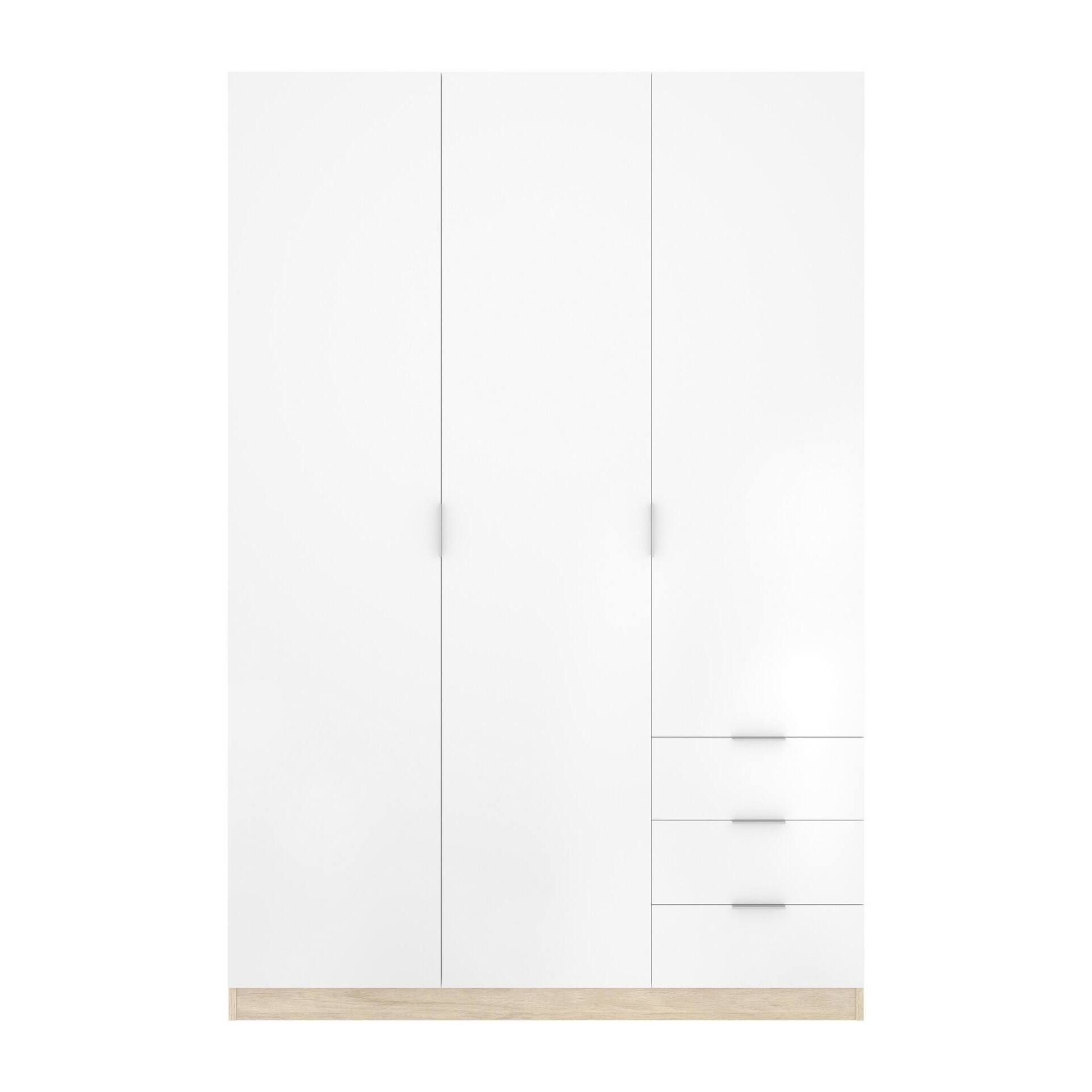 Guardaroba Cimone, Mobile appendiabiti per camera da letto, Armadio a 3 ante battenti e 3 cassetti, 121x52h184 cm, Bianco e Rovere