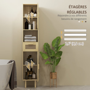 Colonne de salle de bain style bohème H. 170 cm - 2 portes, étagères, tiroir, niche - effet rotin bois clair