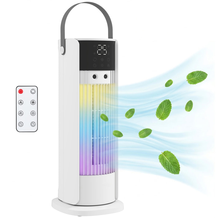 Ventilador de Escritorio con Niebla, Luz RGB, Ventilación de Mesa con 3 Velocidades, Oscilación de 90°, Temporizador de 10H, Control Remoto, Asa, para Dormitorios, Blanco