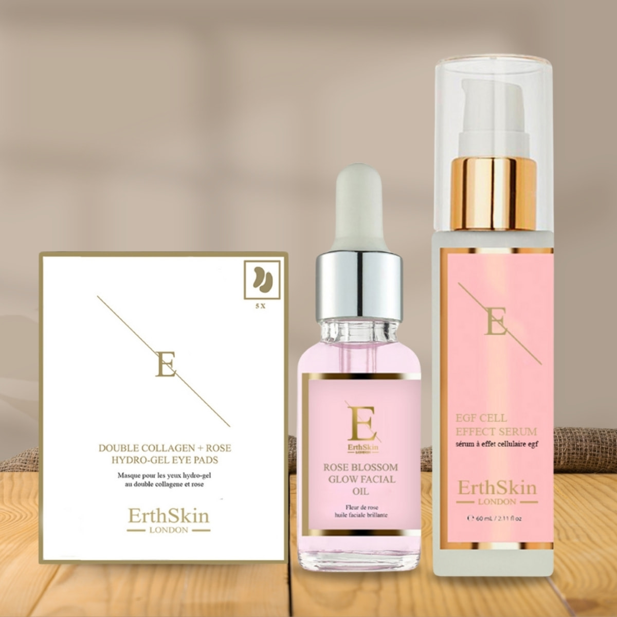 SERUM EFECTO CÉLULA EGF + Aceite facial con brillo de flor de rosa + Almohadillas dobles de colágeno para ojos