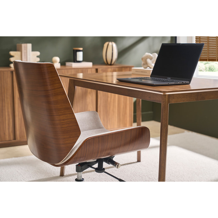 Chaise de bureau à roulettes design en tissu effet velours texturé beige, bois foncé et acier chromé CURVED