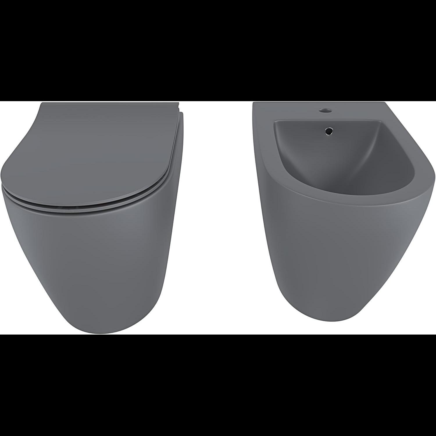 Coppia Sanitari Filomuro Parete Vaso WC Rimless Senza Brida Tornado Flush E Bidet Moderno In Ceramica Copriwater Chiusura Soft Close Grigio Opaco