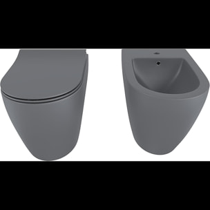 Coppia Sanitari Filomuro Parete Vaso WC Rimless Senza Brida Tornado Flush E Bidet Moderno In Ceramica Copriwater Chiusura Soft Close Grigio Opaco