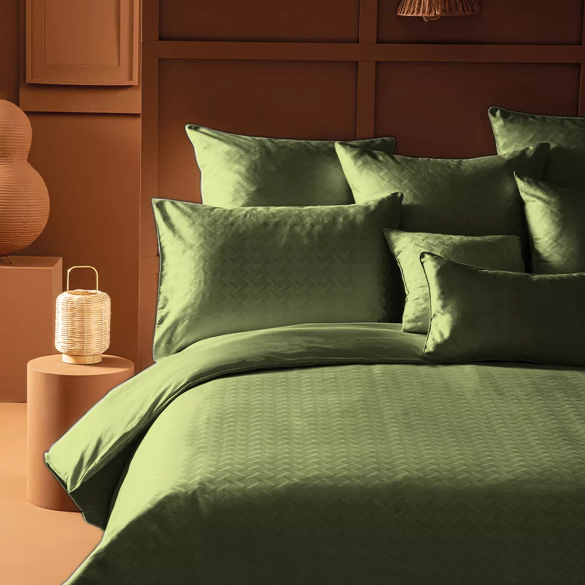 Housse de couette satin de coton motif jacquard vert Adagio kaki