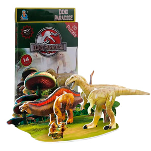 Pack de 4 puzles 3D de diferentes dinosaurios. Con un total de 51 piezas.