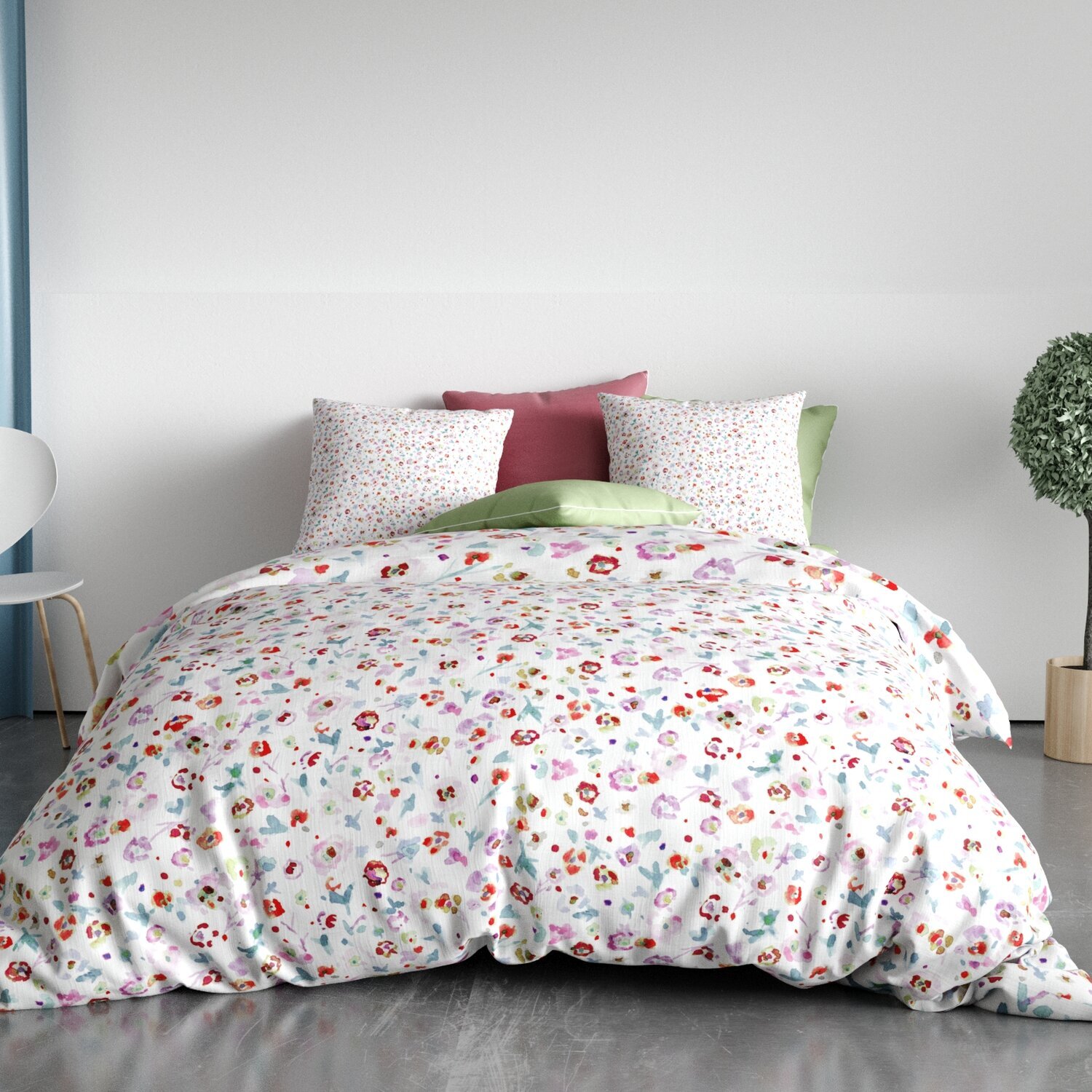 Parure de couette 3pcs 100% microfibre motif floral - blanc