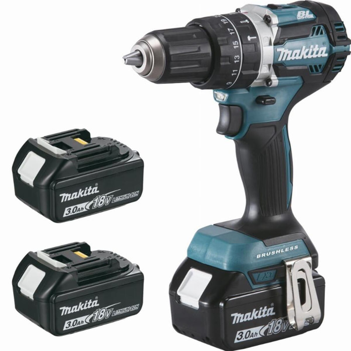 Perceuse visseuse à percussion 18 V Li-ion 3 Ah Ø 13 mm (3 batteries) MAKITA - 3 batteries, chargeur, coffret - DHP484RF3J