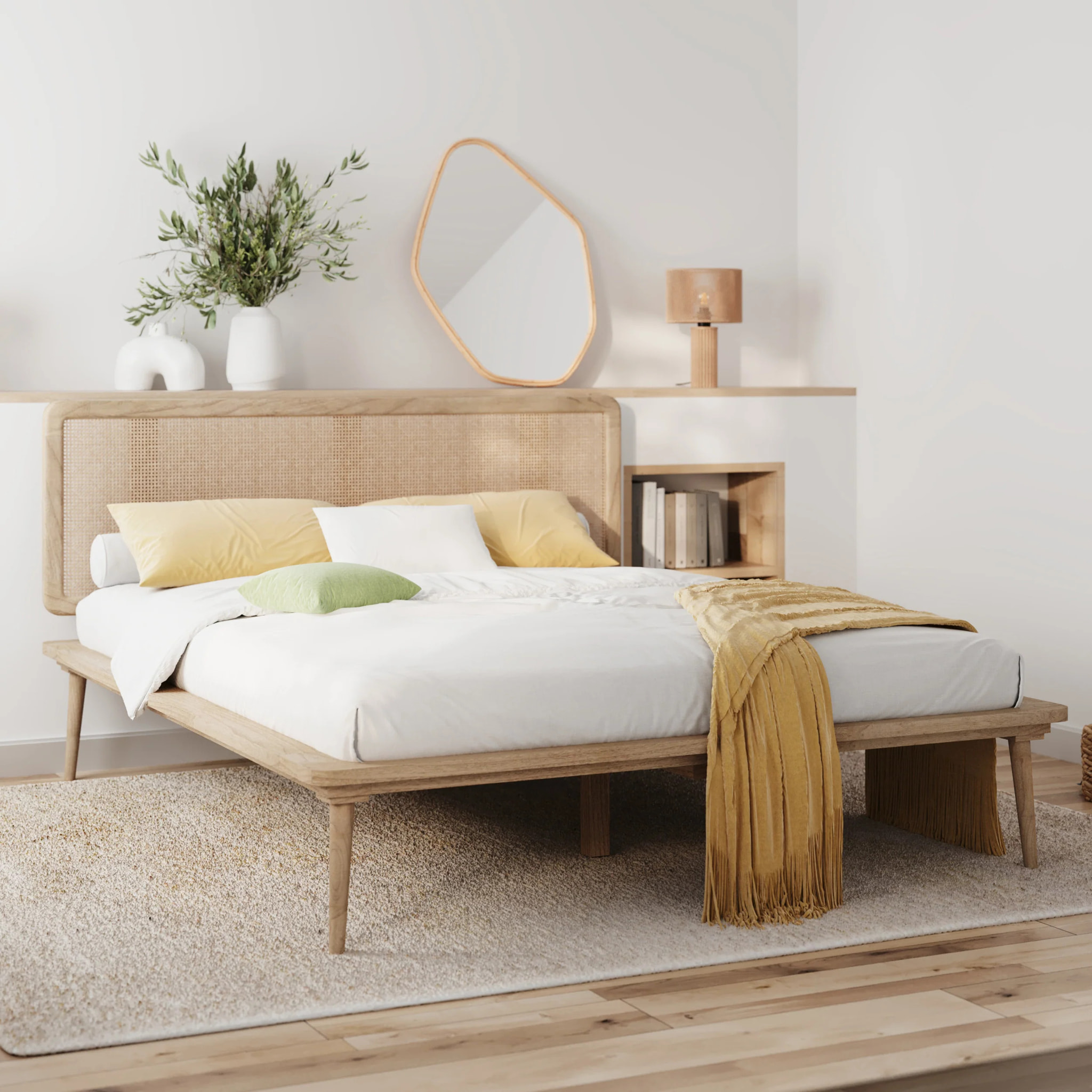 Lit double 140x190 cm en bois et cannage - Adik