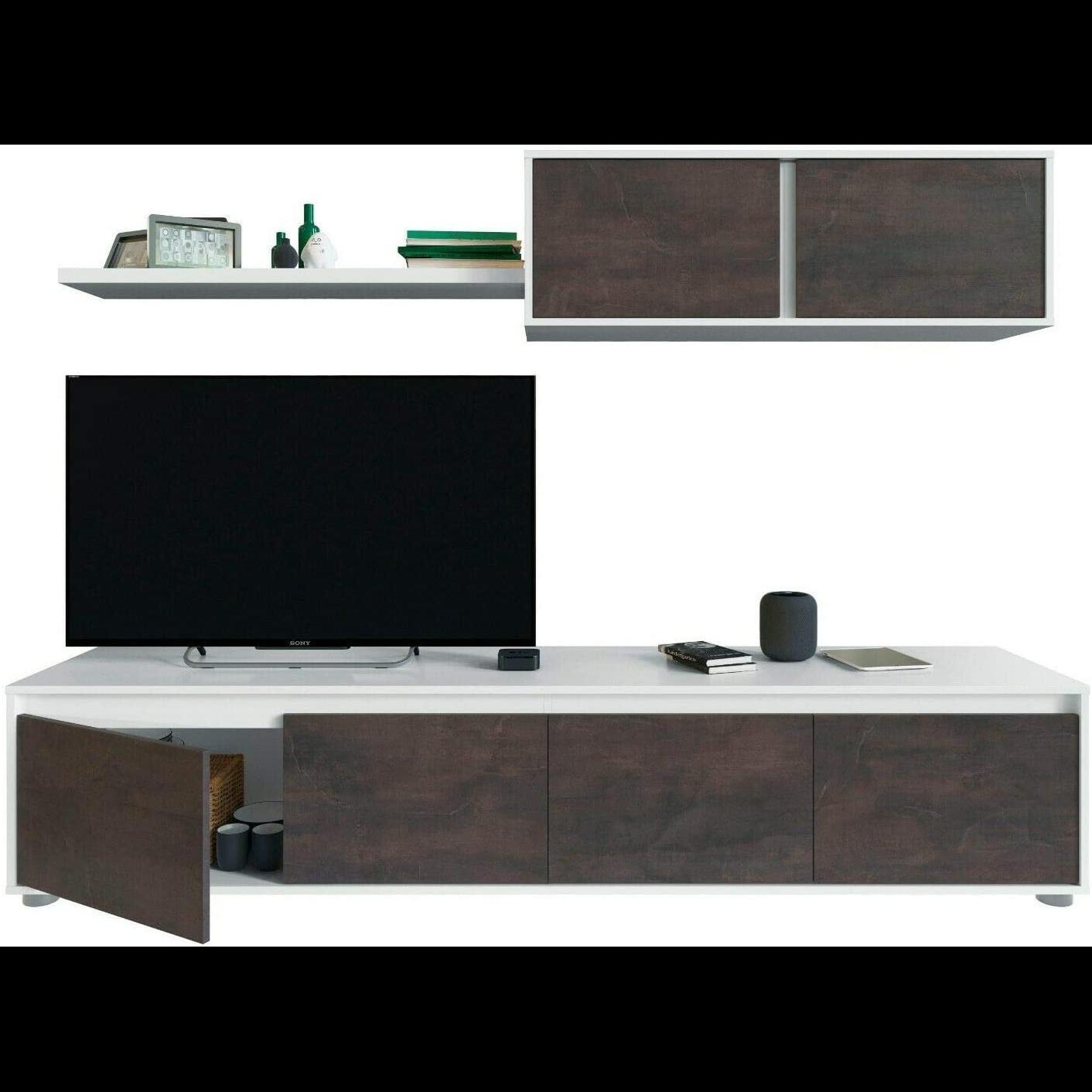 Parete Attrezzata Mobile Mobile Soggiorno TV con Mensola e Modulo Sospeso Salotto Legno Base Televisione Sala da Pranzo 200x41x43 cm Bianco E Ossido
