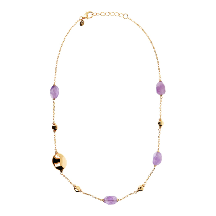 Collana Catena Rolo con Bead in Argento 925 placcato Oro 18kt e Pietra Naturale Sfaccettata Ametista Viola