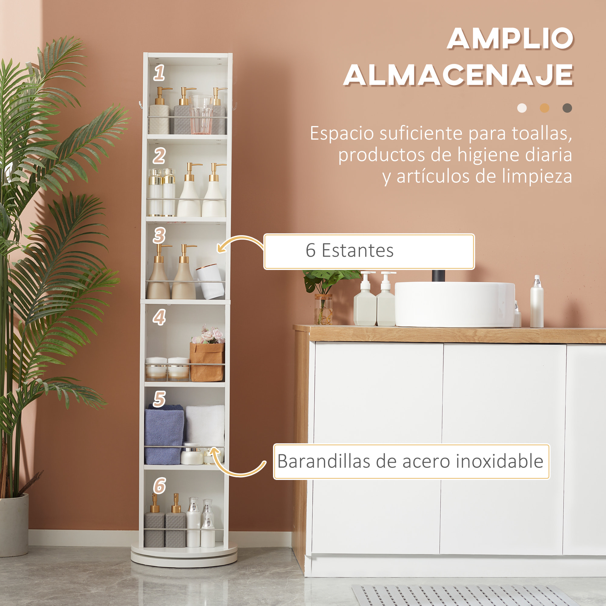 Armario Alto de Baño Giratorio Columna Auxiliar de Baño de 6 Niveles con Espejo de Cuerpo Entero para Dormitorio Aseo 36x36x171 cm Blanco