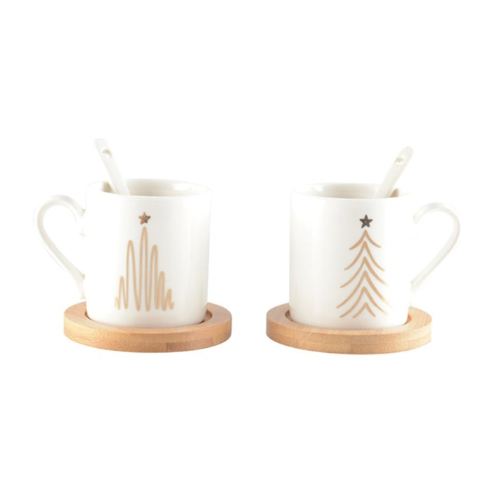 Tasses à café sapin avec cuillères et soucoupes en bois - lot de 2